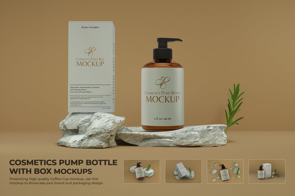 Cosmetics Pump Bottle with Box Mockup Scene