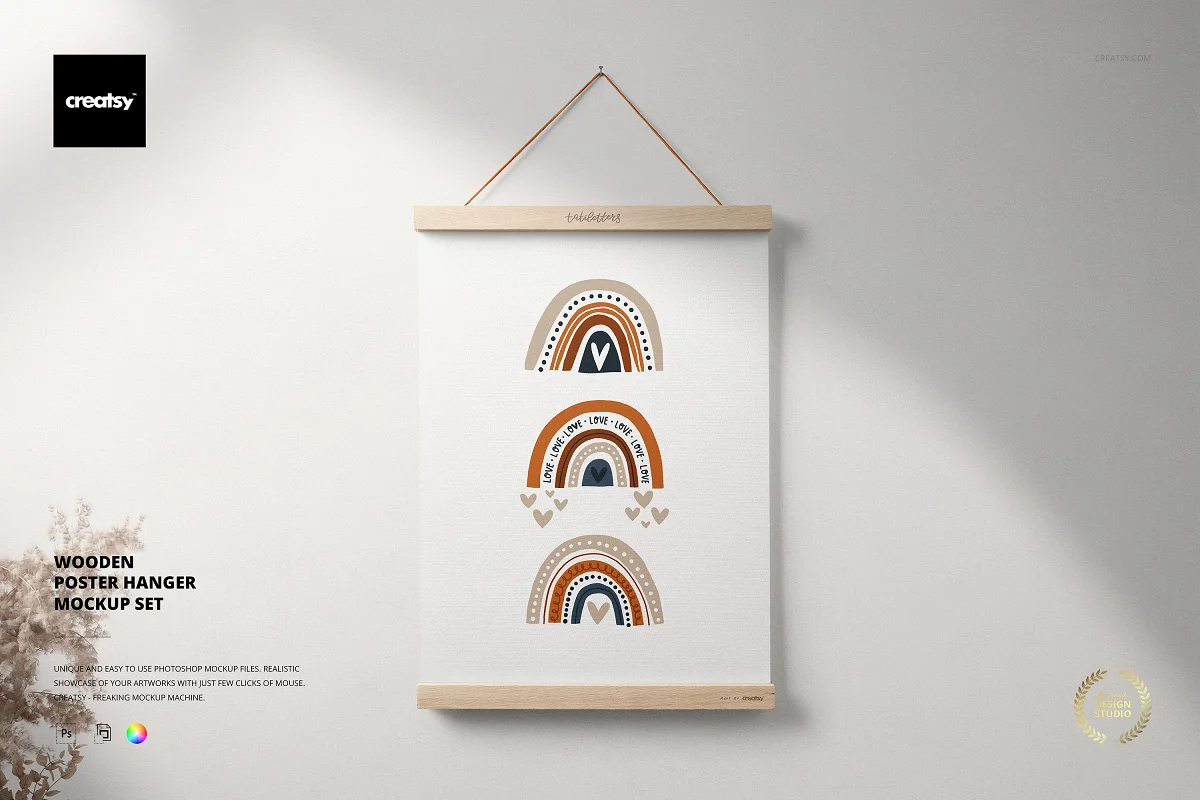 CreativeMarket - Wooden Poster Hanger Mockup Set 6498818
