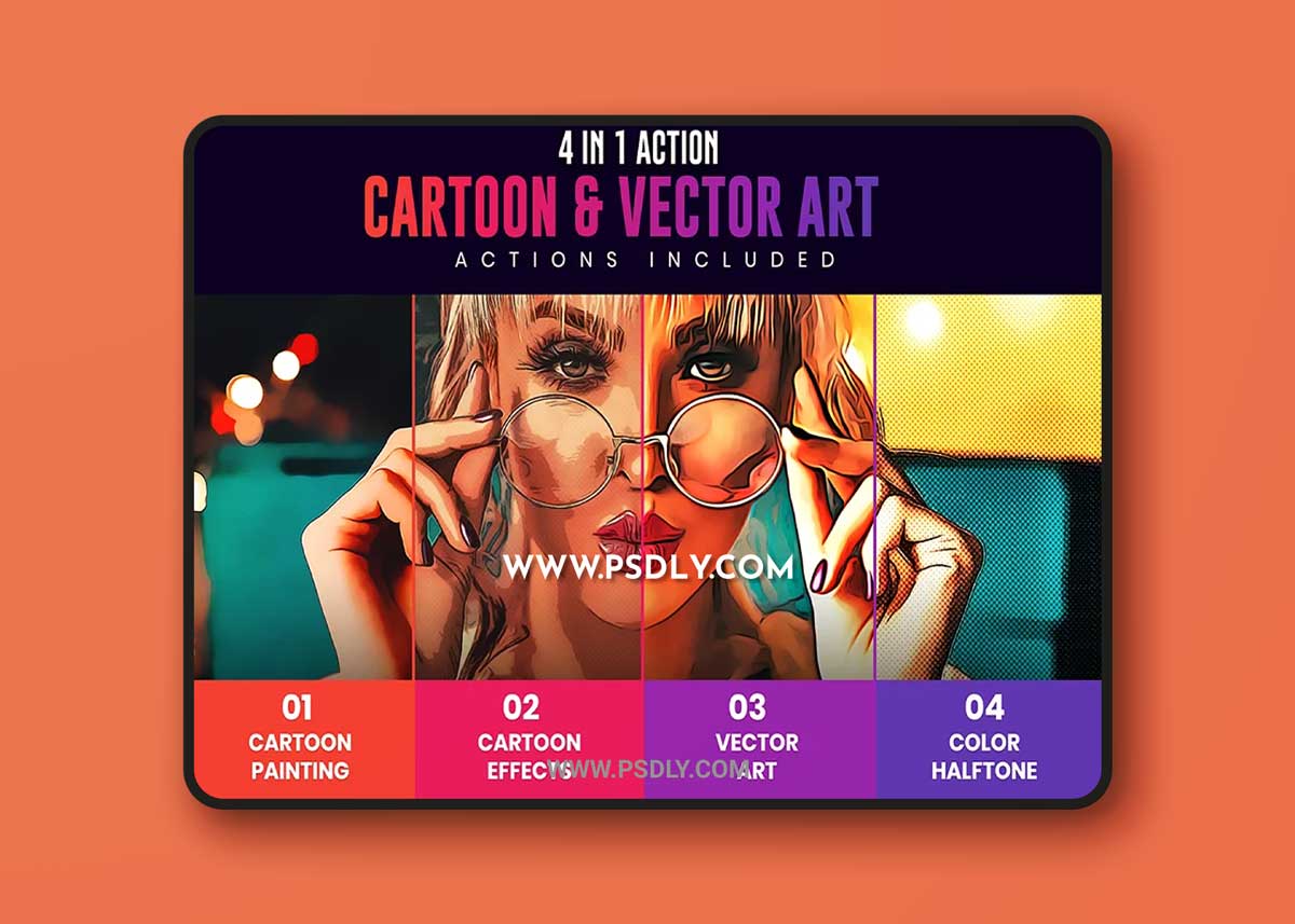 CreativeMarket - 4in1 Cartoon & Vector Art Ps Action 6789030