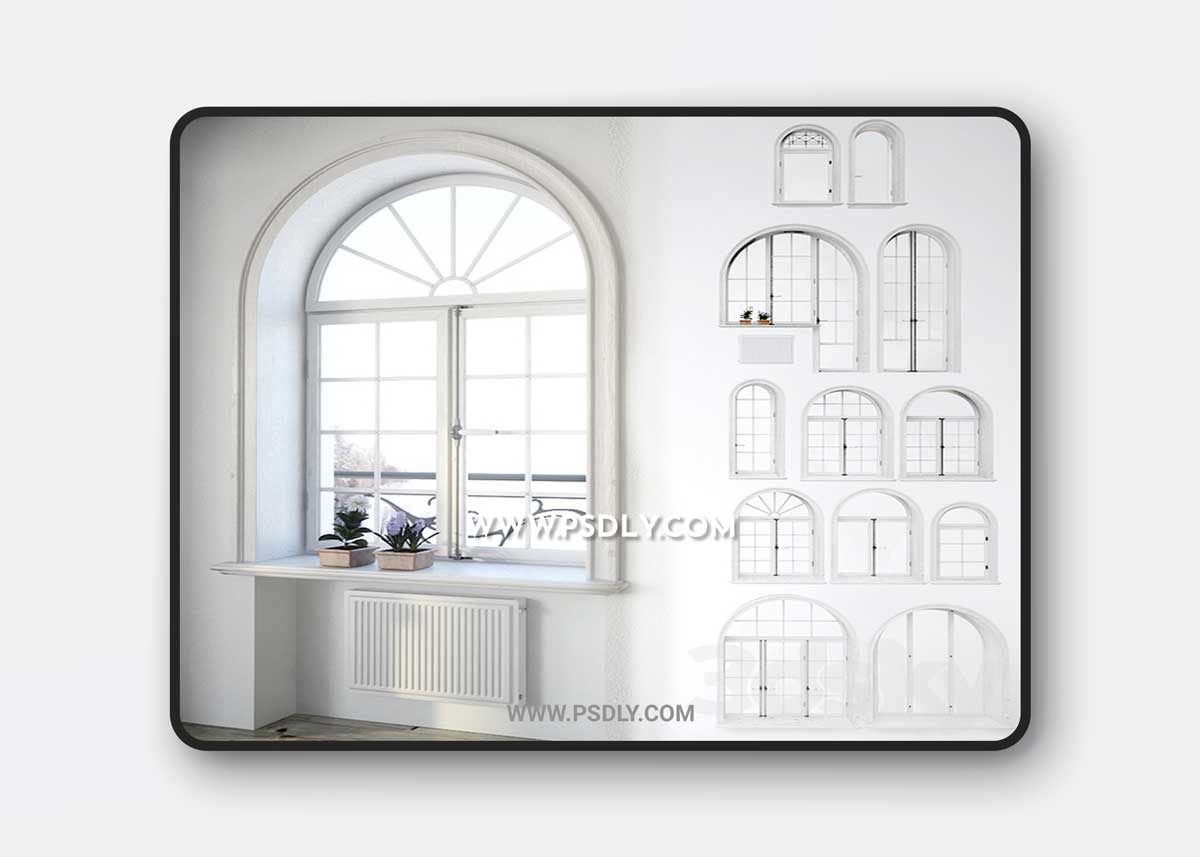 Set classical arched windows with decor 3D Model