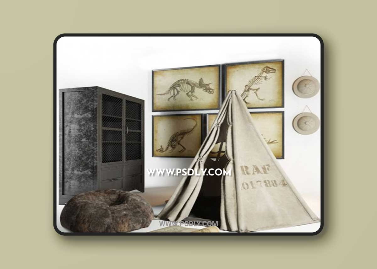 Restoration hardware Wigwam, cupboard, hat, ottoman, paintings