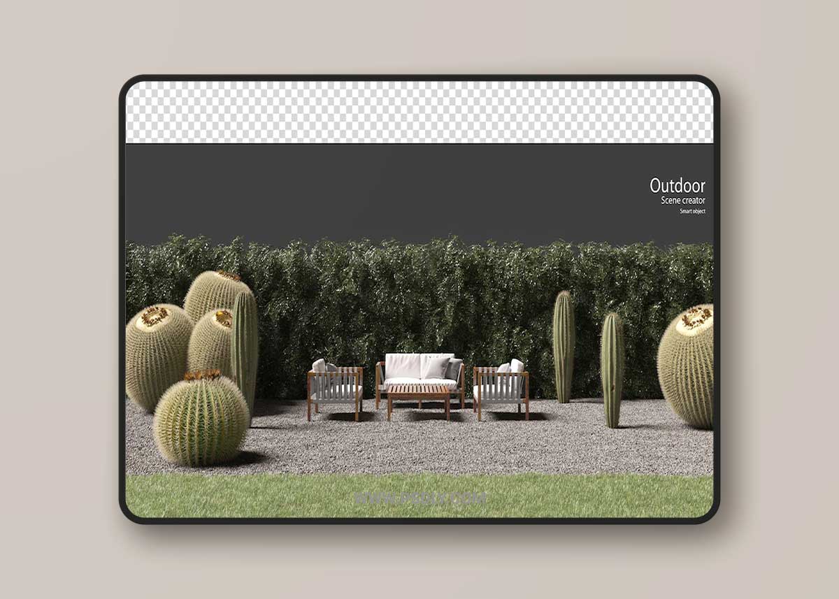Out door furniture on gravel and cactus