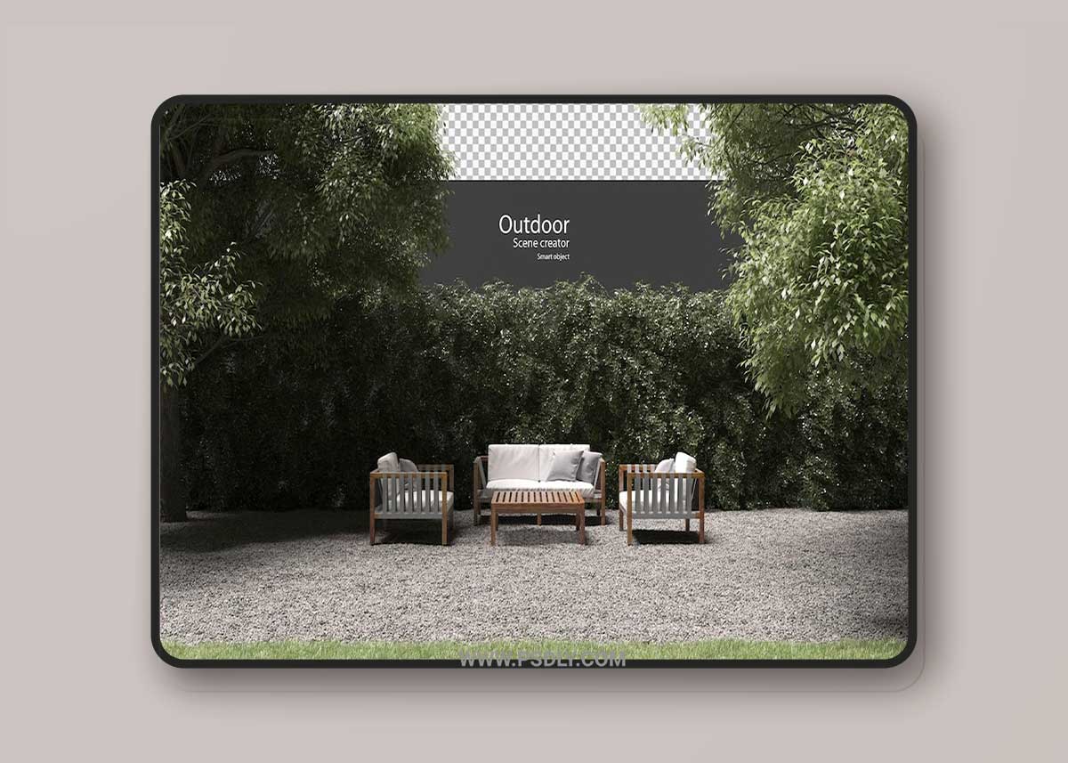 Out door furniture on gravel in 3d rendering Premium Psd