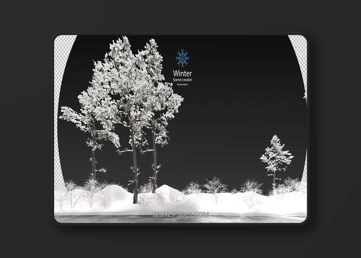 Various winter trees surrounded frozen Psd