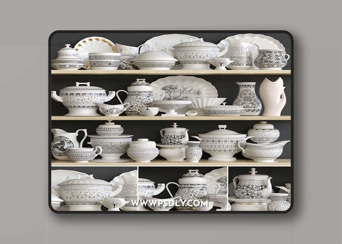 Classic dinnerware set. Porcelain, jug, vase, duckling, gravy bowl, teapot, cup