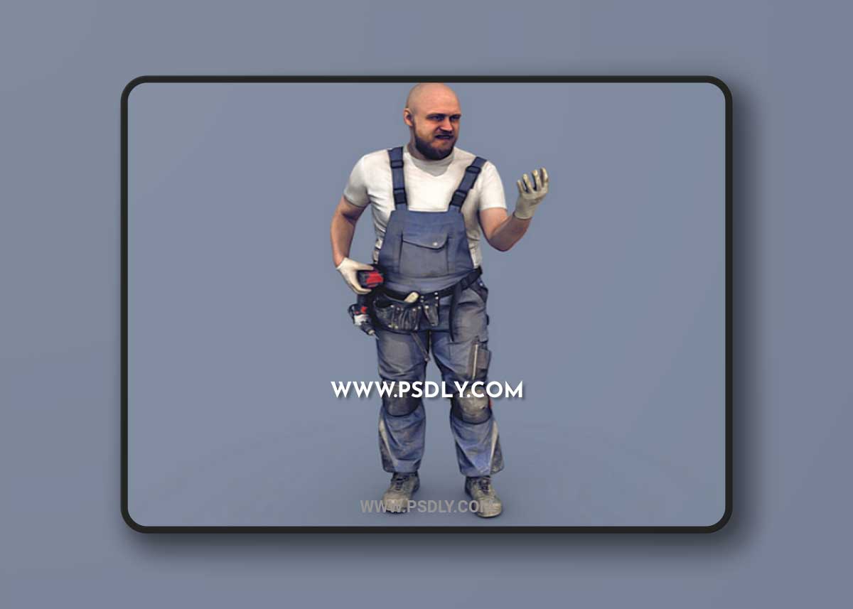 Bald Worker in Overalls With an Indignant Face 3D Model