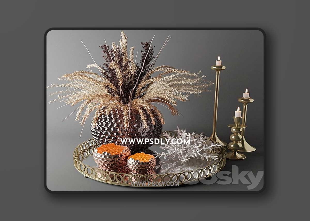 Bouquet of dried flowers in a glass vase on a tray