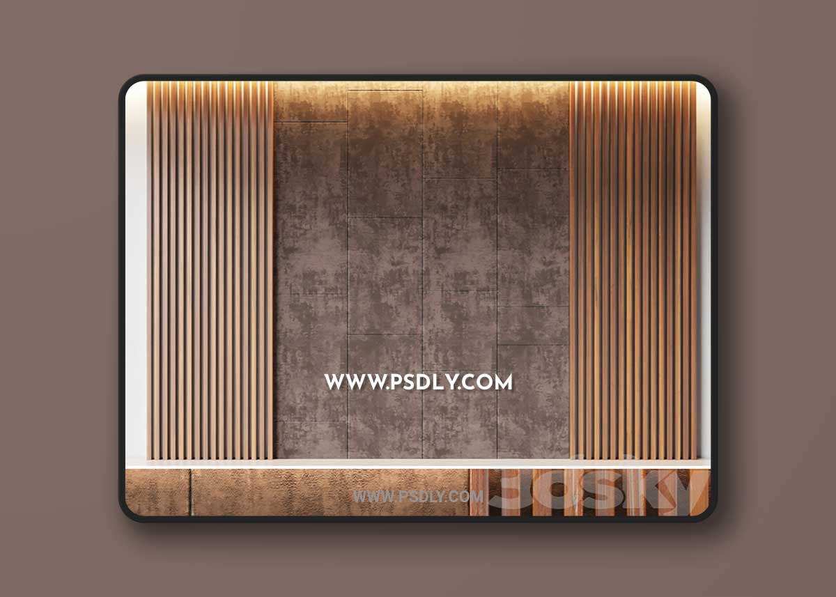 Decorative wall panel made of oak battens and beige velveteen