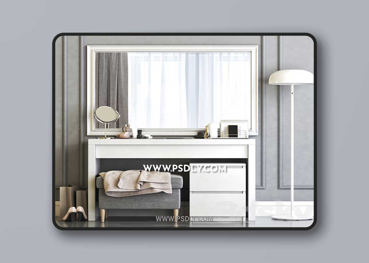 IKEA MALM Dressing Table with SONGE wall mirror and Strandmon Gray Ottoman