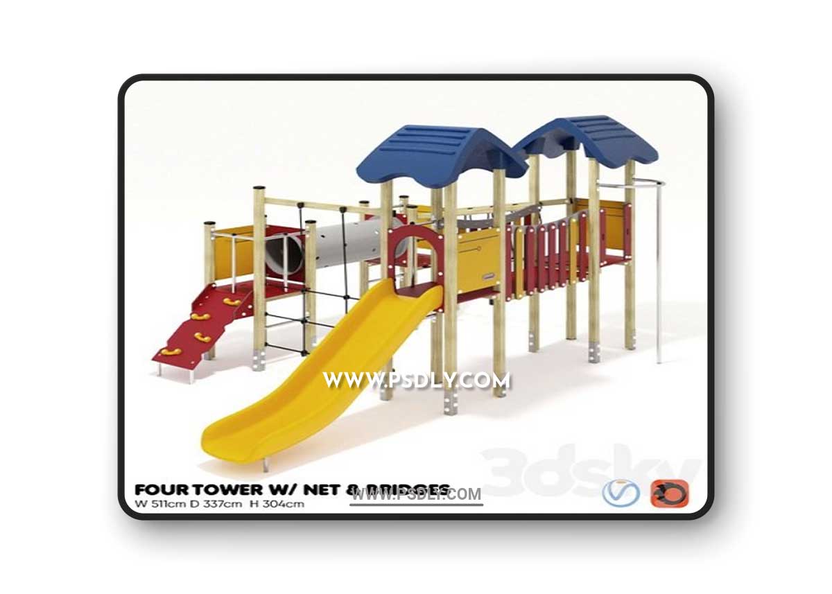 KOMPAN. FOUR TOWERS WITH NETWORK AND BRIDGES