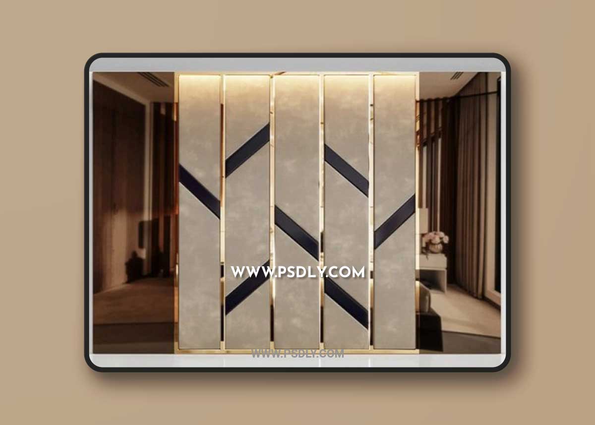 Headboard made of bronze mirror and soft beige panels