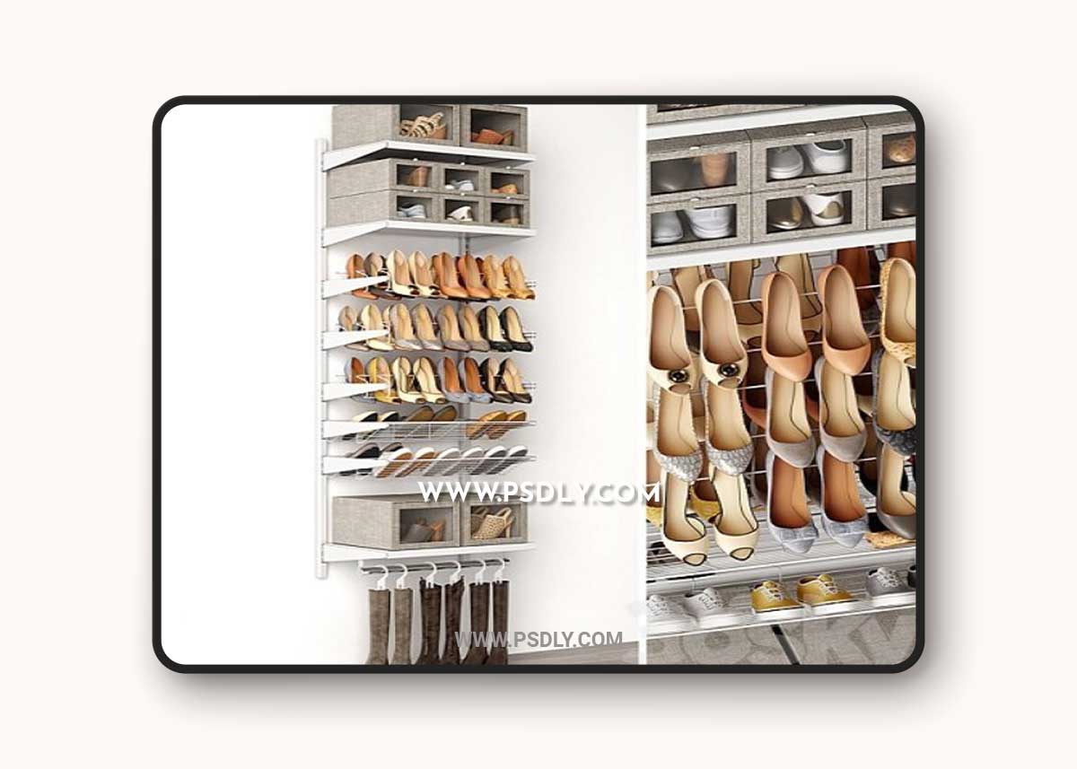 Shoe rack in a shoe cabinet. Set of shoes. Shelf filling