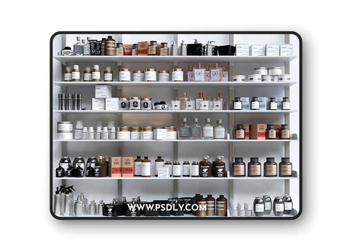 A large set of cosmetics for beauty salons and in the supermarket. Bathroom accessories