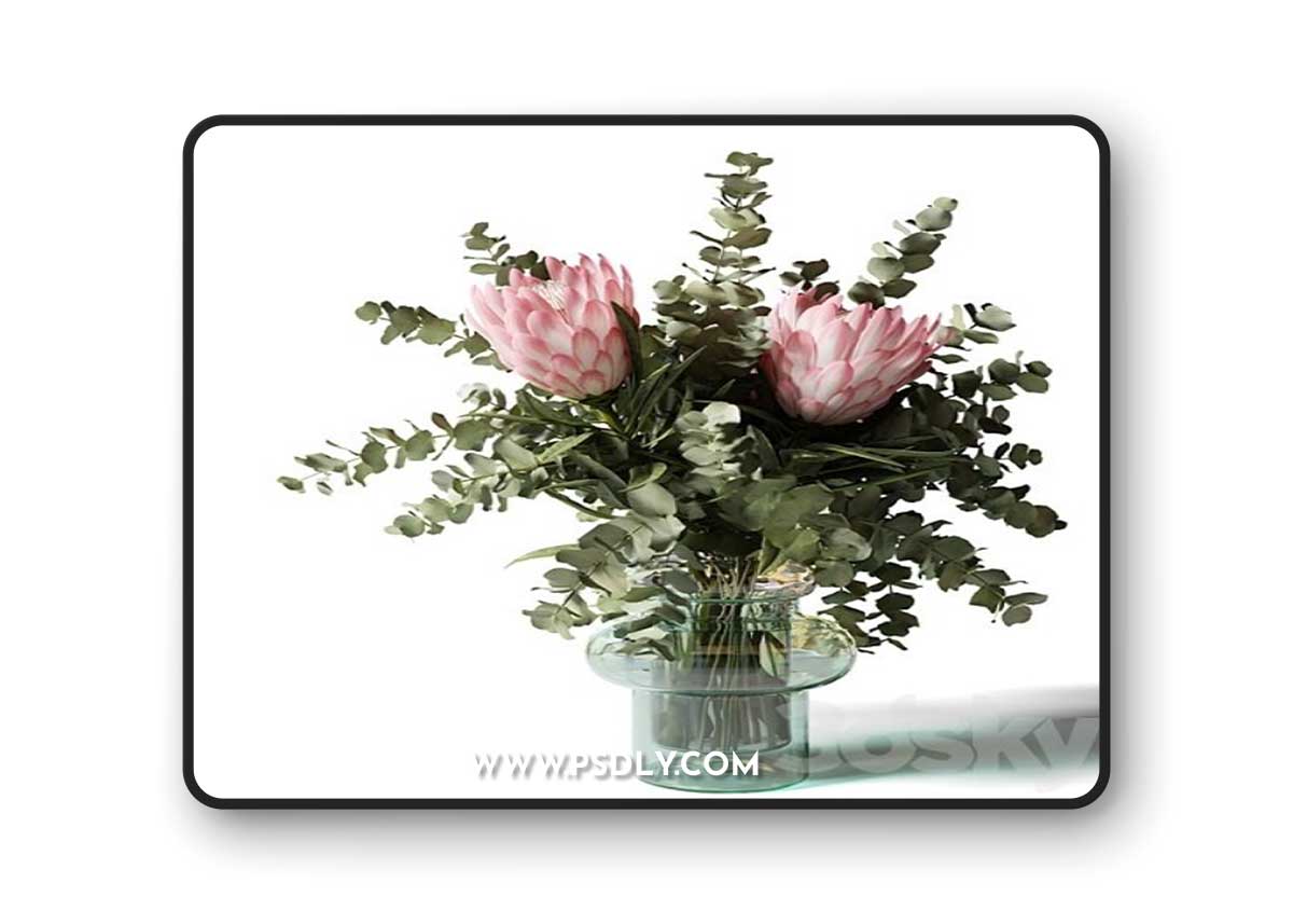 Bouquet with three pink proteas and eucalyptus in a glass vase