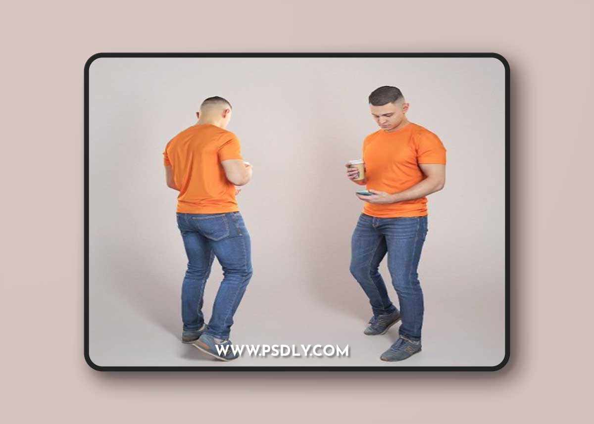 Young man with coffee using smartphone 342 3D Model