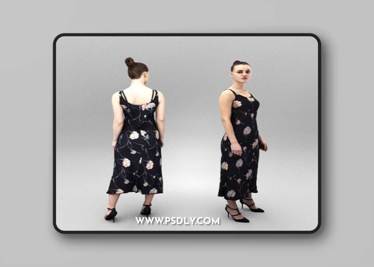 Elegant young woman in black dress 368 Low-poly 3D model