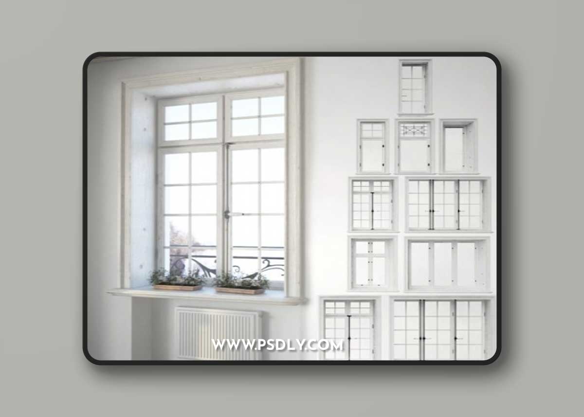 Set classical arched windows with decor