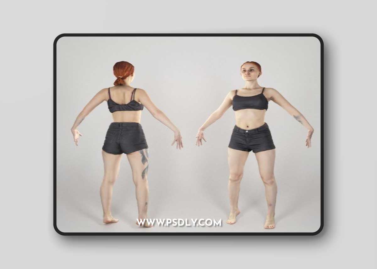 Slim woman with tattoo in A-pose 148 VR AR low-poly 3d model