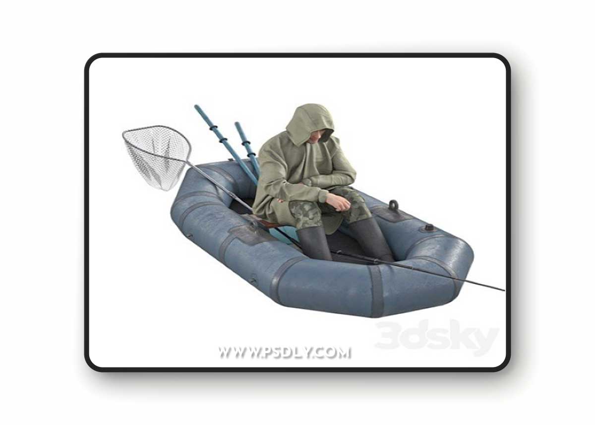 Fisherman in a boat 3D Model