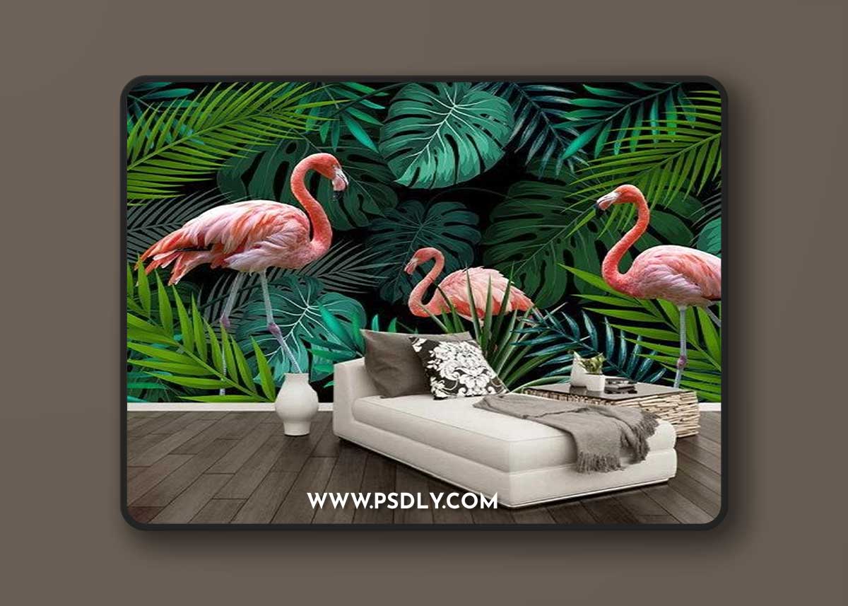 Flamingos and tropical leaves - Wallpaper for interior