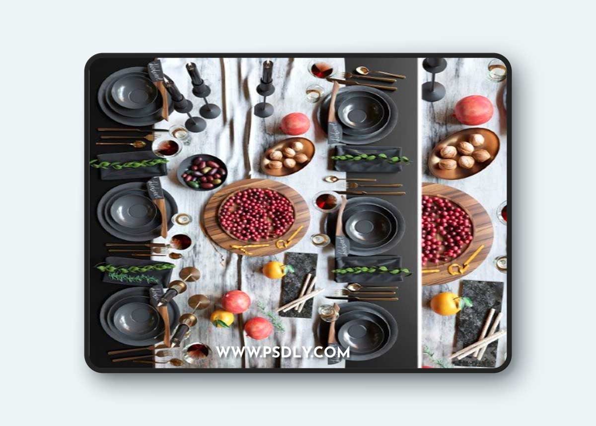 Pro 3DSky - Beautiful table setting with black dishes with fruits, nuts and candlesticks. Service
