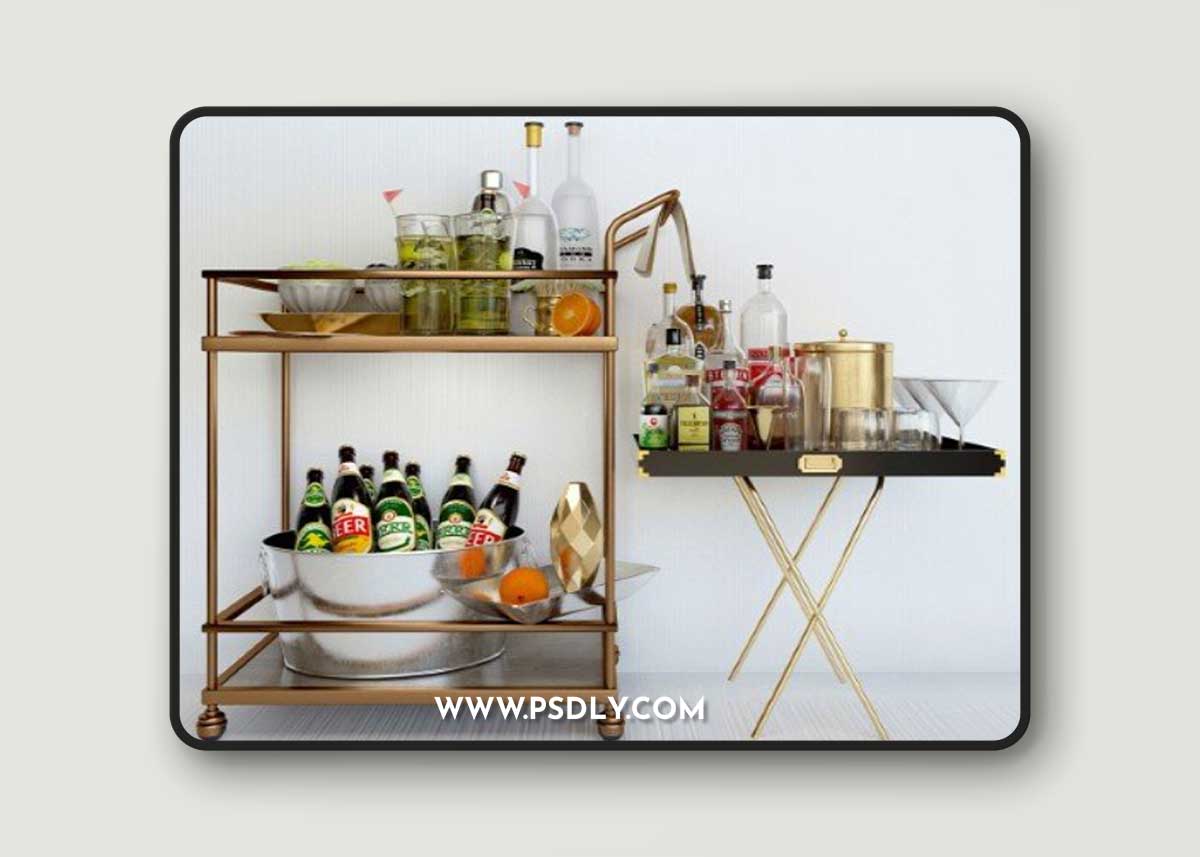 A table with alcohol and a cocktail. Alcohol