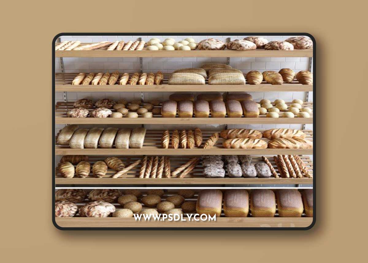 Rack with pastries in a bakery with bread, loaf and buns