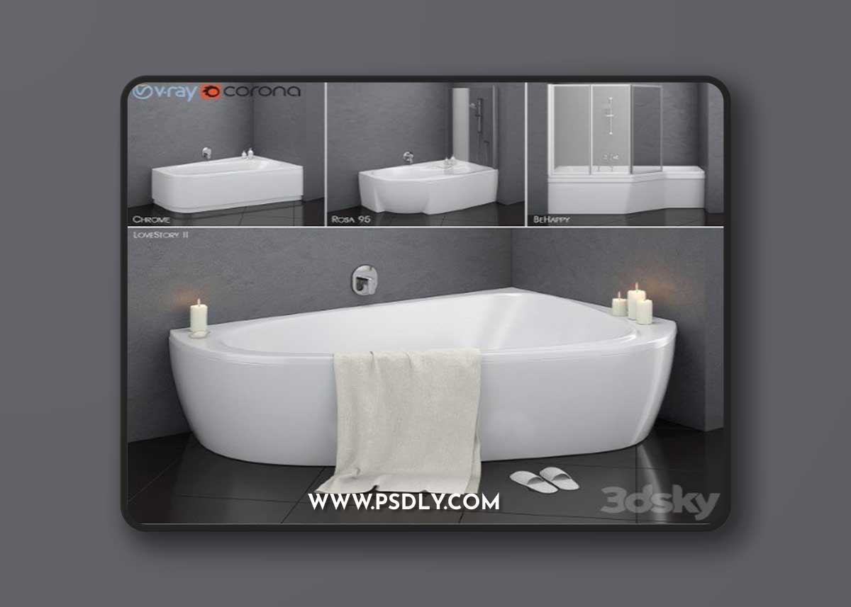 Set of asymmetric baths Ravak set 14 (LoveStory II, Chrome, Rosa 95, BeHappy)