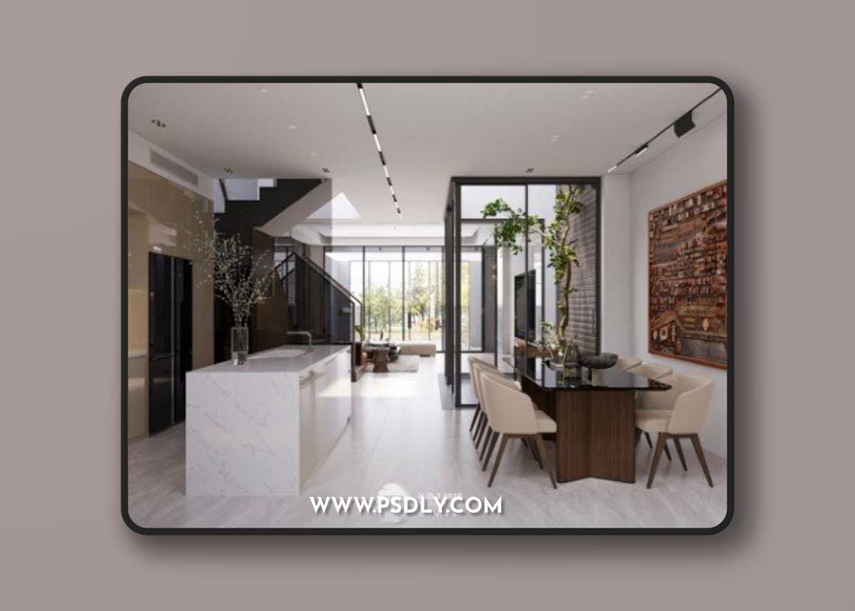 3D Living Room – Kitchen Interior Model by Hoa Giay