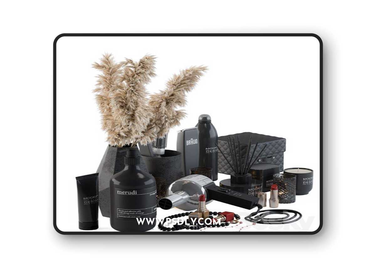 Bathroom Decor Set 05 - Black Set with pampas Plant
