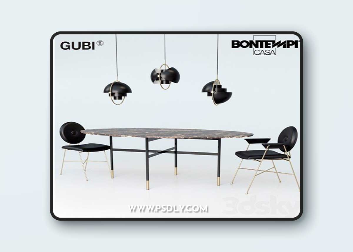 Bontempi Glamor table, Penelope chair, Gubi Multi-Lite