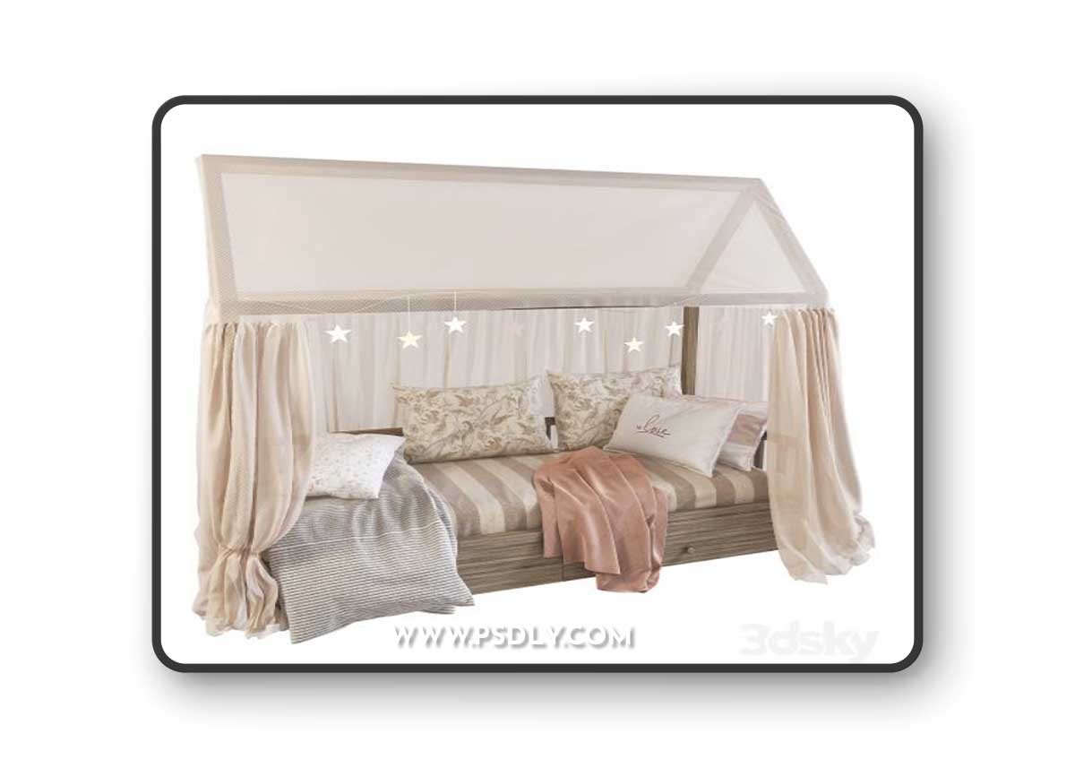Children's bed with columns 4 3D Model