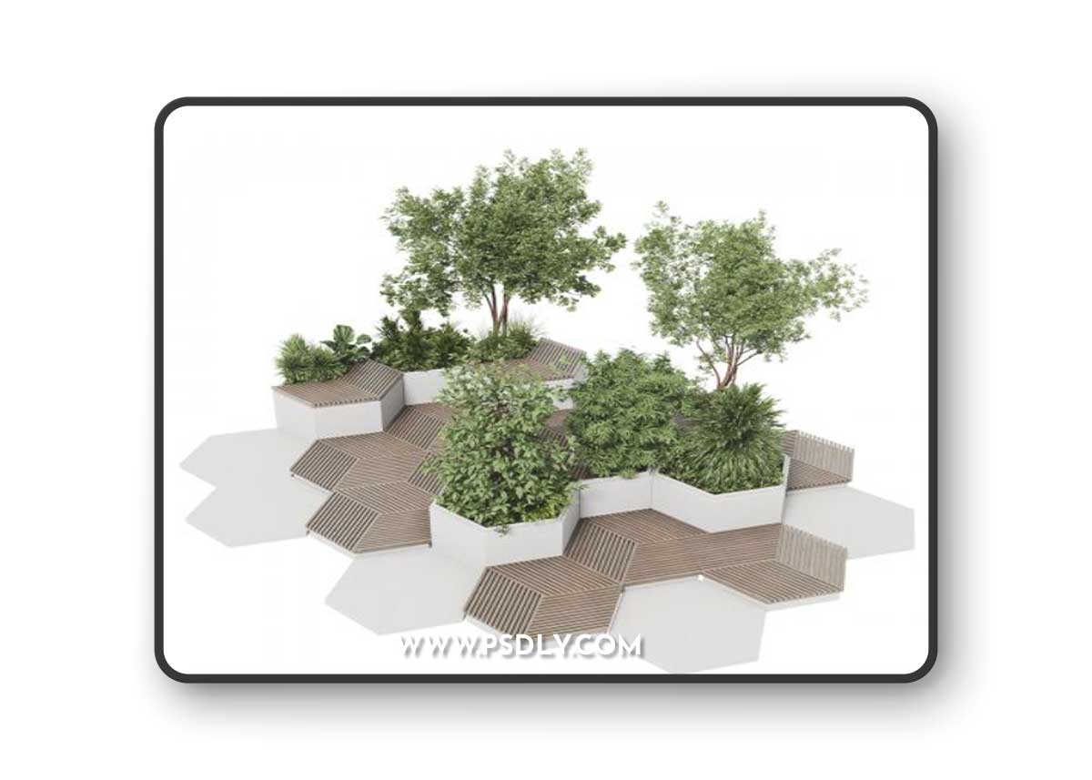 Urban Environment - Urban Furniture - Green Benches With tree 42