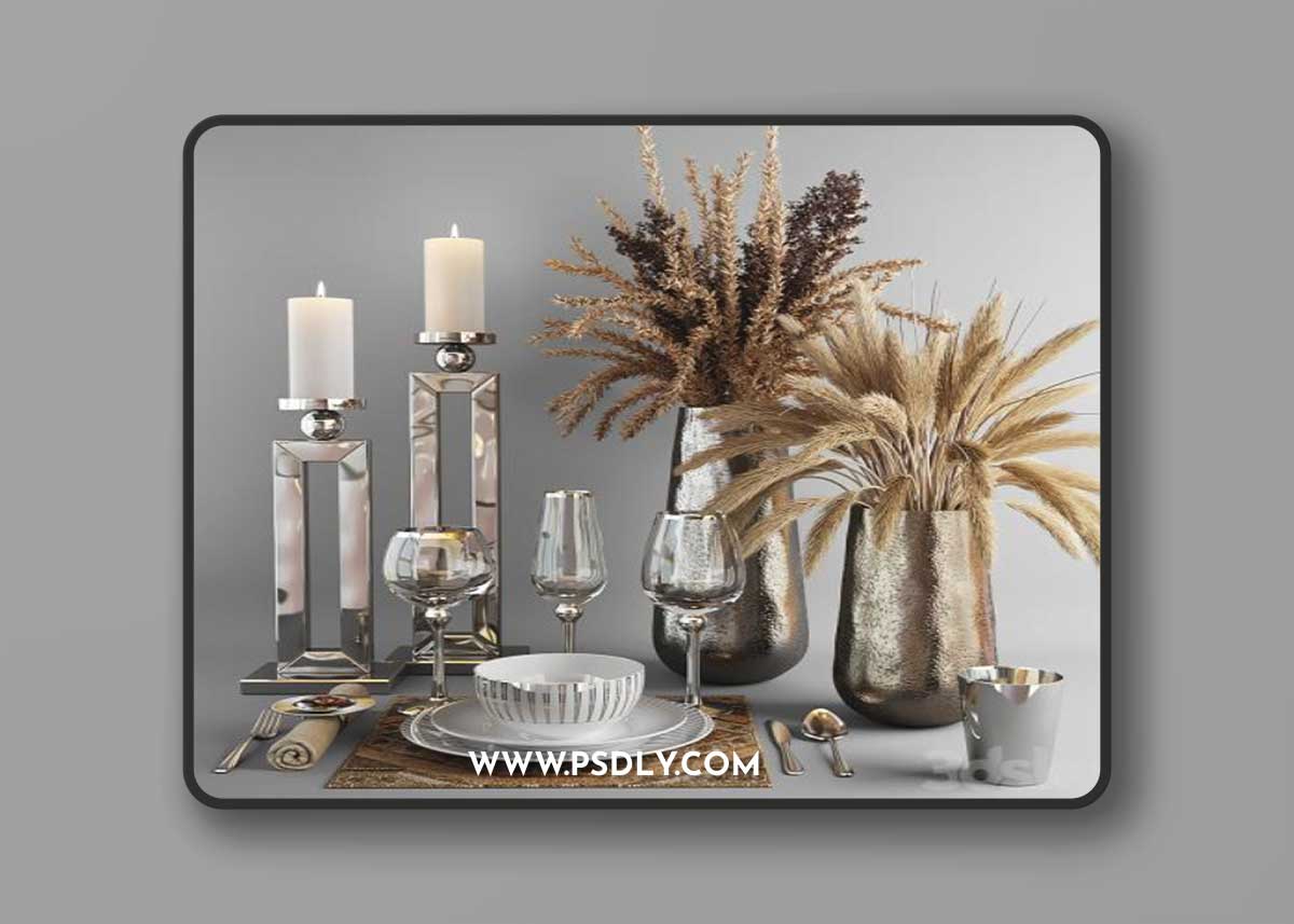 Decorative set with dishes and bouquets of dry grass