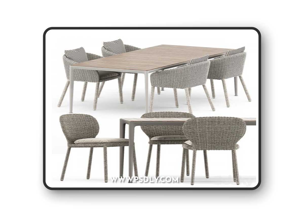 Strada armchair and side chair by Janus et Cie and Mirto Outdoor table by bebitalia