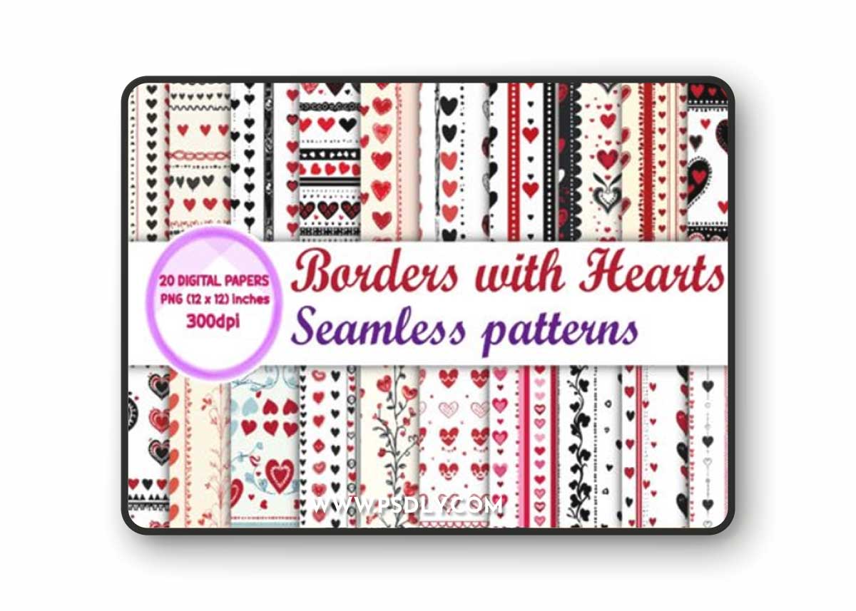 20 Seamless Borders with Hearts Patterns Pack