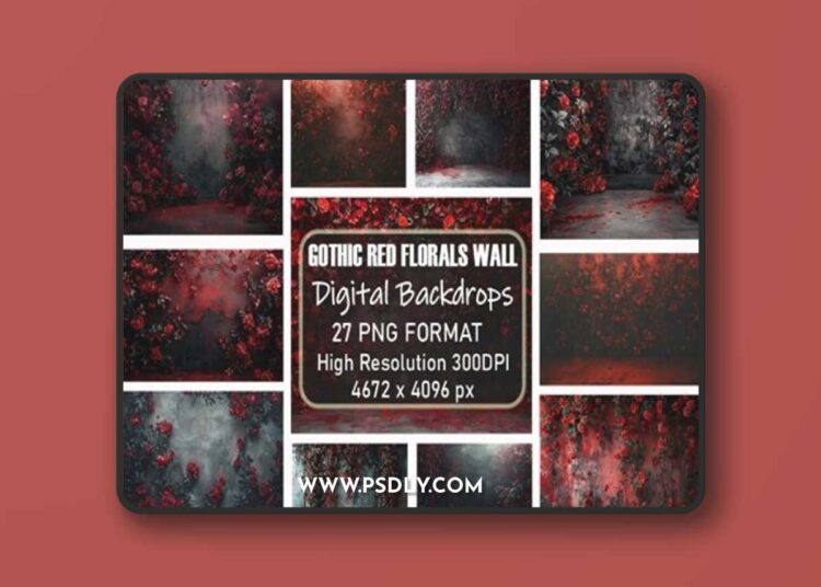 Gothic Red Flowers Wall Digital Backdrop Bundle